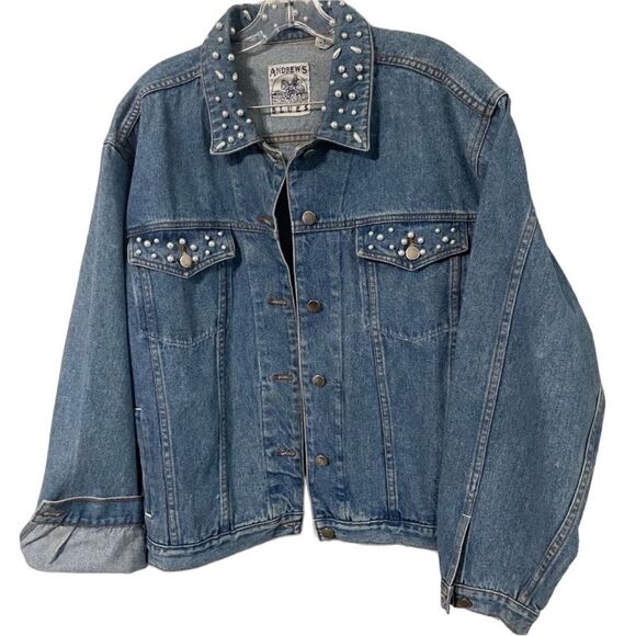 Andrew’s Blues Vintage Pearl Studded Oversized Jean Denim Jacket - Picture 1 of 16